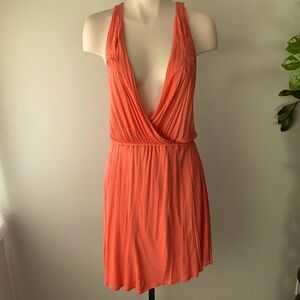 Volcom True To This Deep V Plunge Coral Midi Dress Embroidered Size Medium